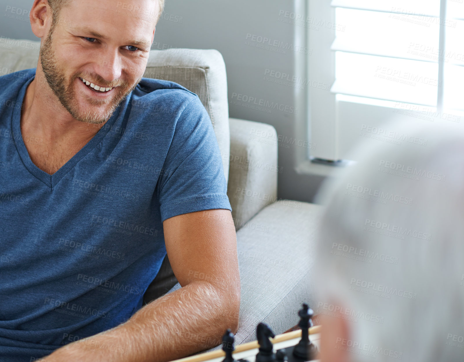 Buy stock photo Elderly dad, happy man or chess challenge in home for games or competition with strategy or problem solving. Senior, parent or contest for brain or learning thinking skills for cognitive function