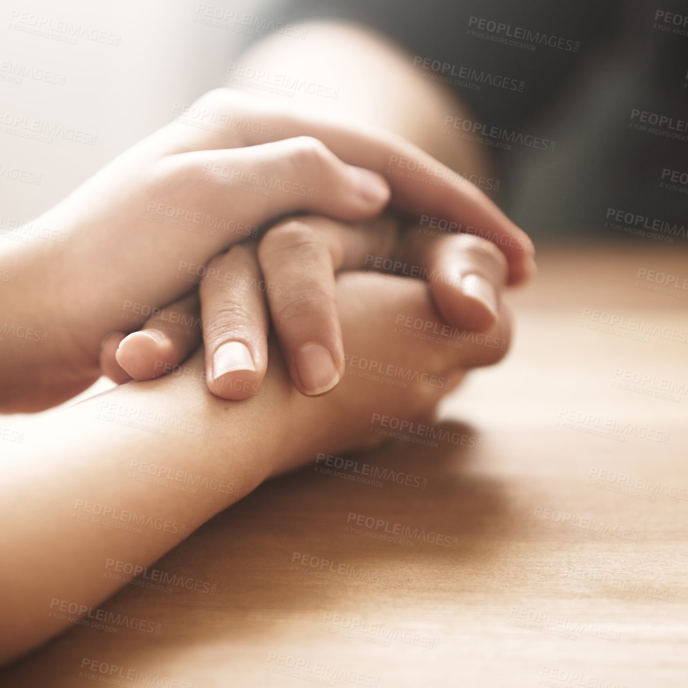 Buy stock photo Empathy, support and solidarity with people holding hands in comfort, care or to console each other. Trust, love or healing with friends praying together during depression, anxiety or pain of loss