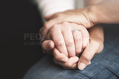 Buy stock photo Empathy, trust and love with people holding hands in comfort, care or to console each other. Support, help or healing with friends praying together during depression, anxiety or the pain of loss