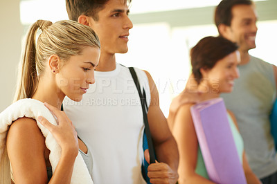 Buy stock photo Gym, fitness and couple ready for yoga class for exercise, support and healthy routine in studio. Together, mindfulness and people in club with towel, mat and equipment to start pilates for wellness