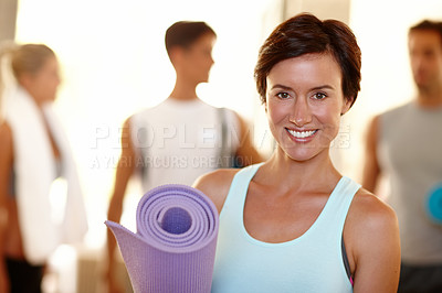 Buy stock photo Portrait, happy woman and yoga mat for fitness, meditation and balance in studio or gym for training. Female person, smile and ready for exercise, wellness and strong muscle as group in pilates class