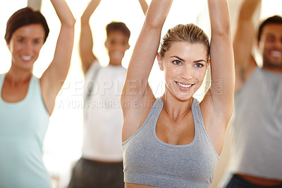 Buy stock photo Group, happy woman and yoga pose for fitness, spiritual practice and balance in studio or gym for training. Female person, smile and ready for exercise, wellness and mindfulness in pilates class