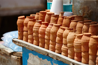 Buy stock photo Clay, market and Indian pots for cooking with ancient tradition, pottery and mud creation. Outdoor, travel and alkaline ceramic with craft, art and creative, homemade and handicraft in Mumbai