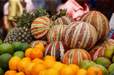 Buy stock photo Fruit market, city and food in India with orange, small business and outdoor on street. Fresh, watermelon and healthy produce in Mumbai on urban road with inventory for retail shop or bazaar