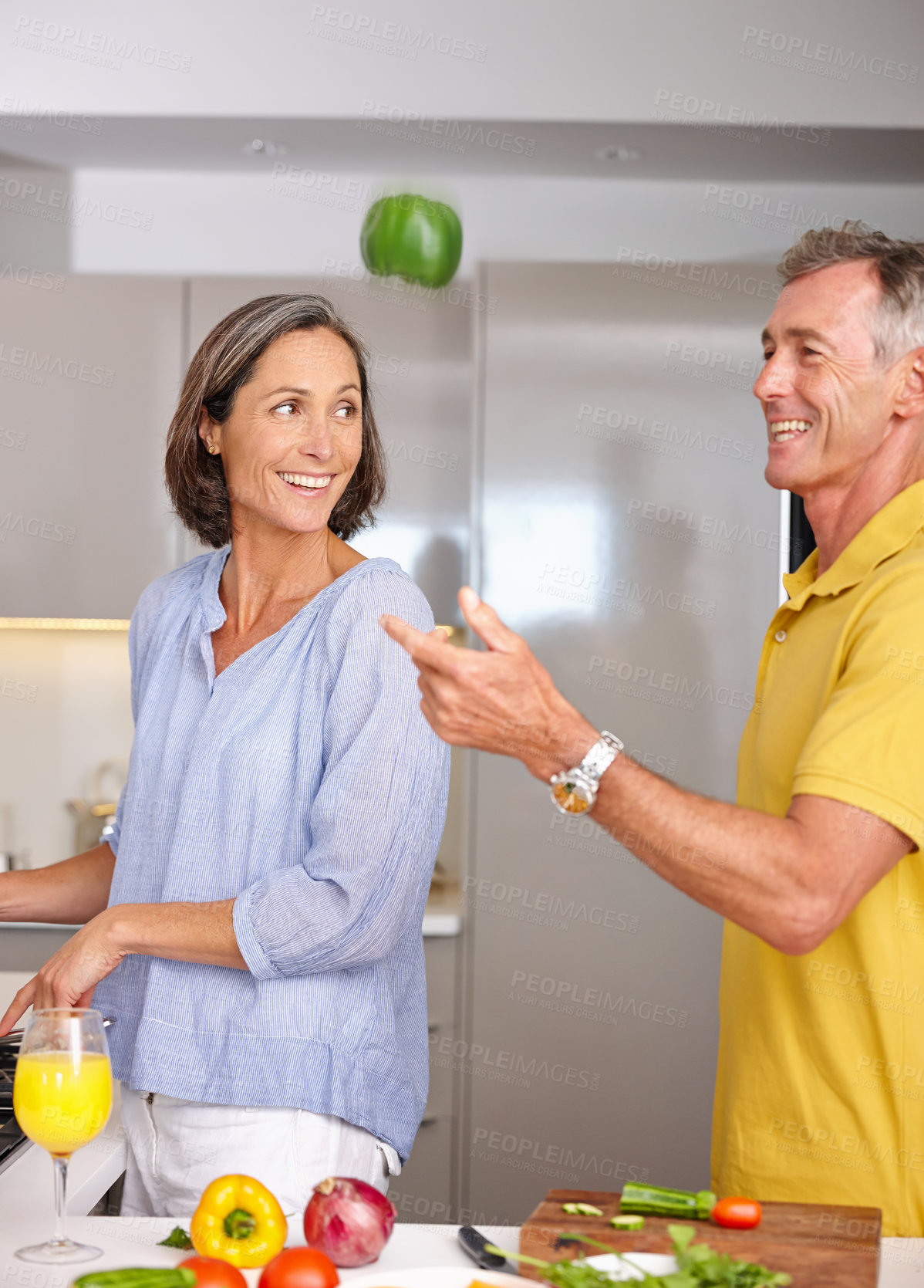 Buy stock photo House, ingredients and senior couple with vegetables, nutrition and healthy meal with recipe. Apartment, old man and mature woman in kitchen, cutting and preparation with food, smile and relationship