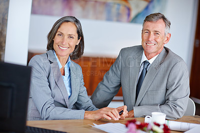 Buy stock photo Portrait of two mature business colleagues sitting beside each other at a desk