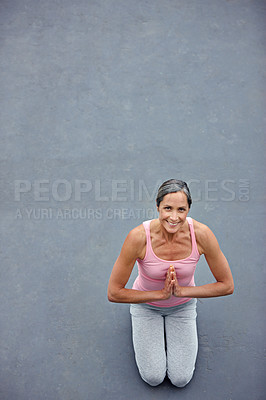 Buy stock photo Mockup, yoga and portrait of old woman with praying hands on floor for meditation, healing and balance from above. Mindfulness, prayer pose and space for elderly lady meditating for zen or wellness