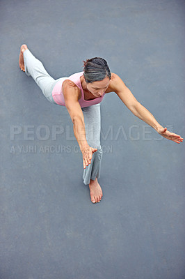 Buy stock photo Mature woman, above and warm up with yoga for fitness exercise, morning routine and mindfulness. Active, person and stretching with pilates for mental health, holistic performance and freedom outdoor