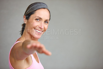 Buy stock photo Senior woman, portrait and yoga stretching in studio with mockup space for health, balance and exercise on wall background. Face, meditation and mature lady happy with zen for workout or peace