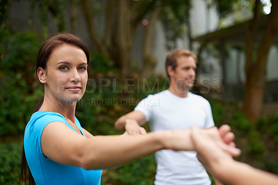 Buy stock photo Portrait, holding hands and peace with woman in circle in yoga class for spiritual retreat, health and zen. Wellness, fitness and connection with group of people in nature for balance and pilates