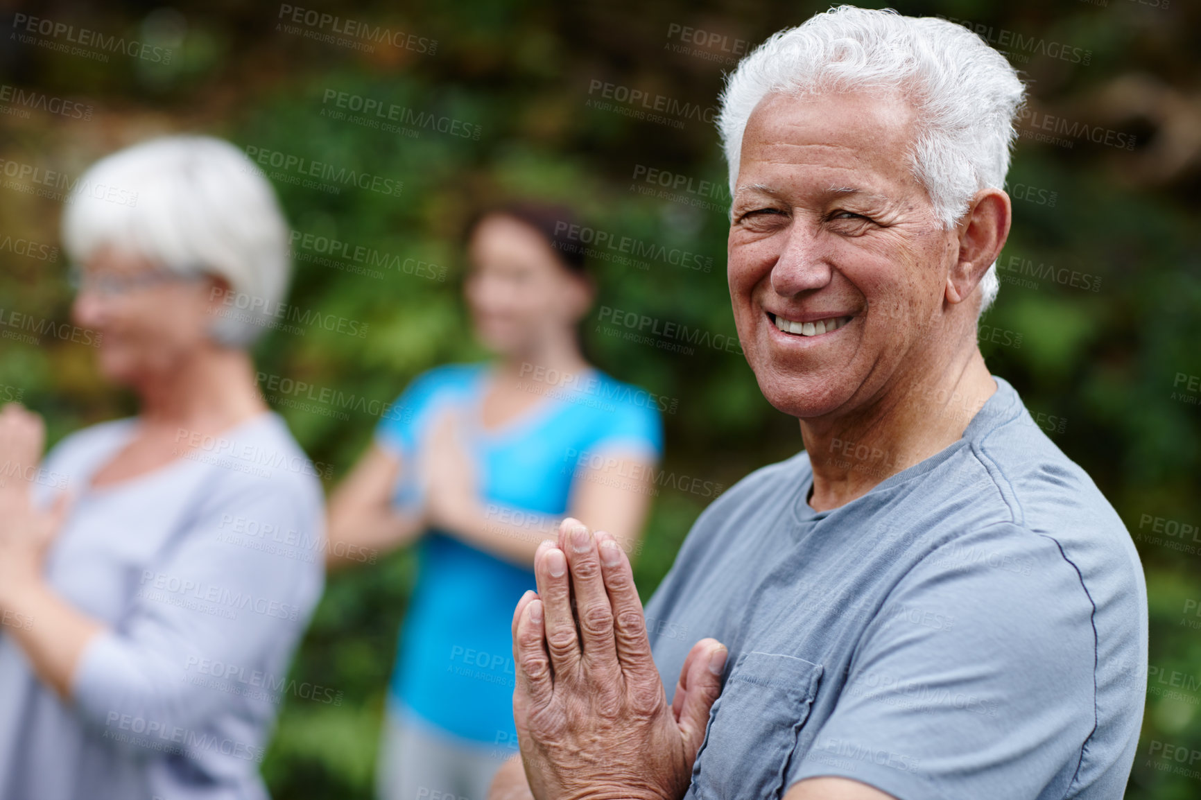 Buy stock photo Park, portrait or old man with prayer hands  in yoga class for energy, balance or inner peace. Group meditation, face or happy elderly person in nature with spiritual healing, smile or mindfulness