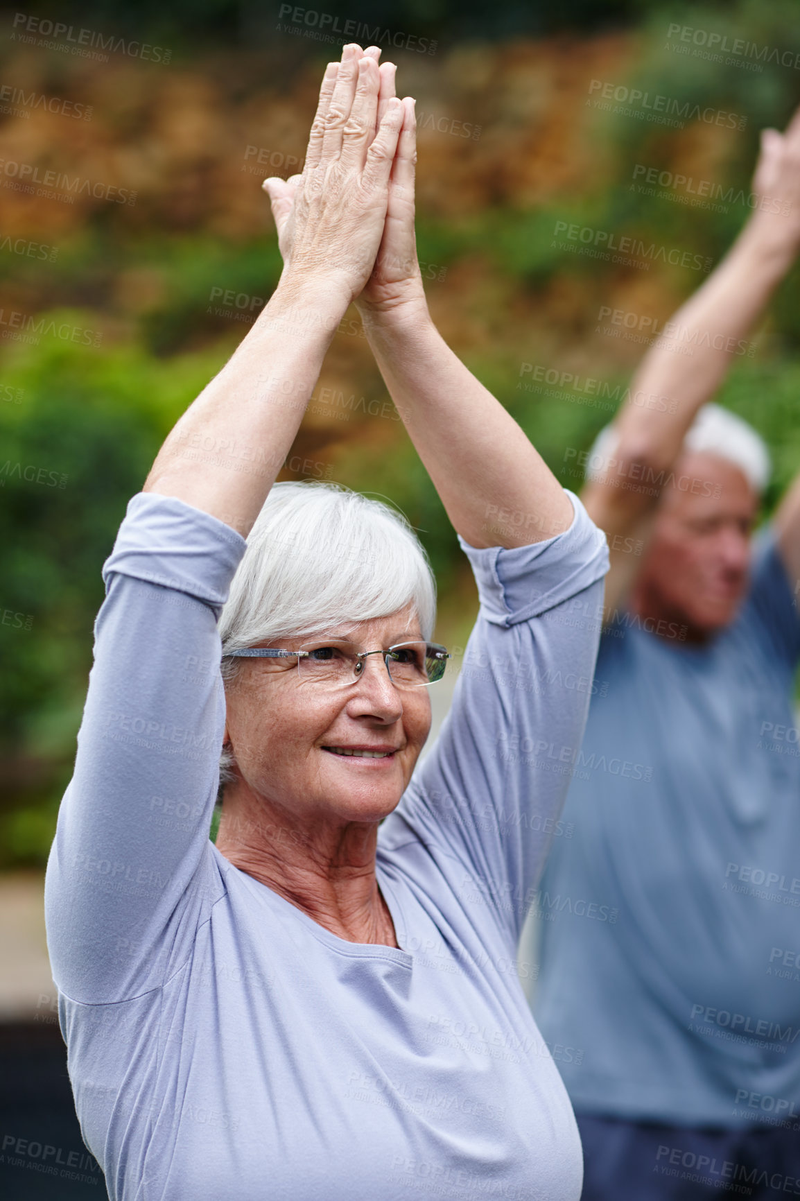 Buy stock photo Park, happy or old woman with prayer hands  in yoga class for energy, balance and inner peace. Group meditation, hands up or elderly person in nature with spiritual healing, smile  or mindfulness