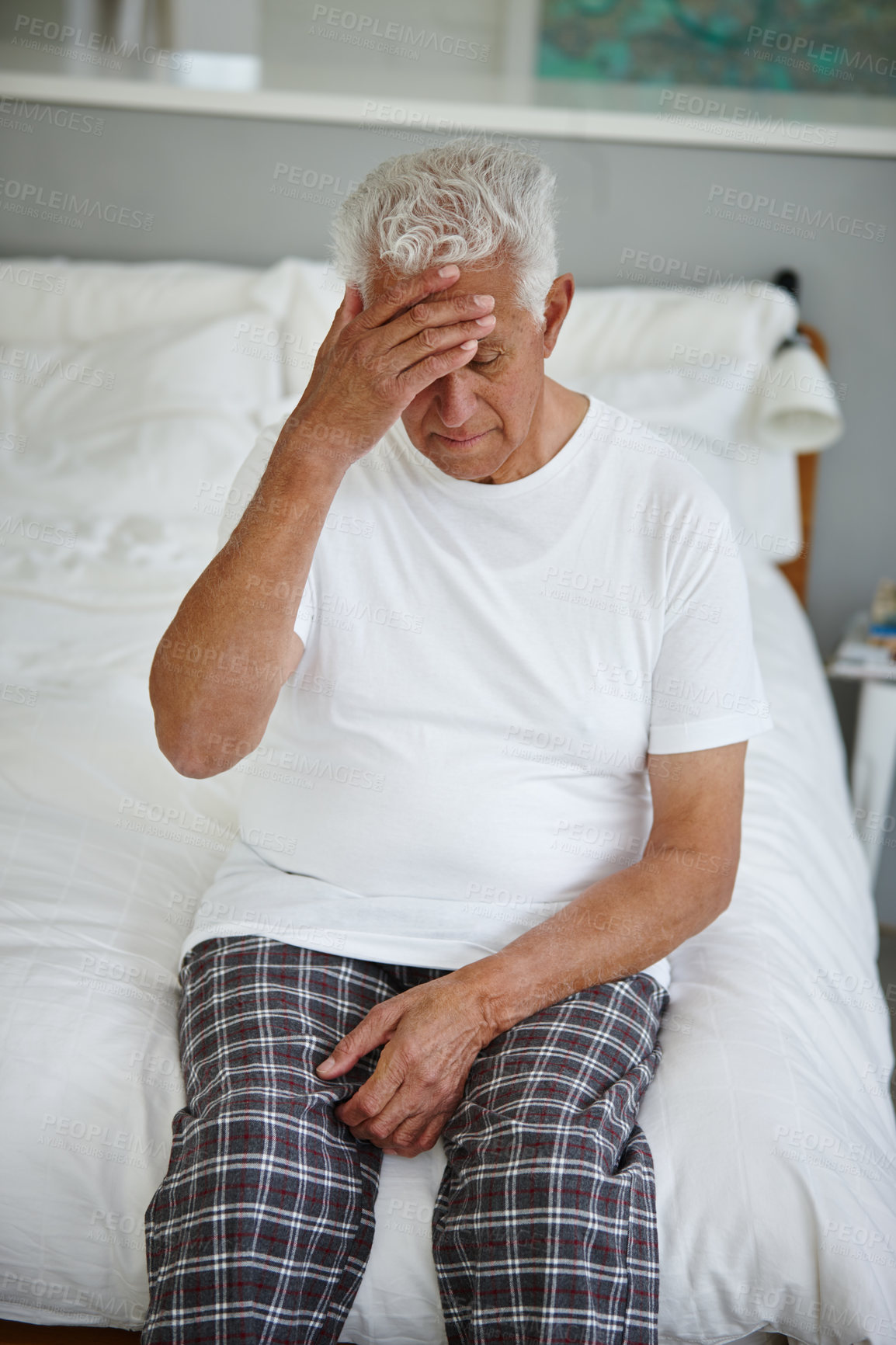 Buy stock photo Senior man, headache and stress in clinic or assisted living facility as patient with Alzheimers. Elderly person, depression and memory in retirement home for treatment, support or healthcare service