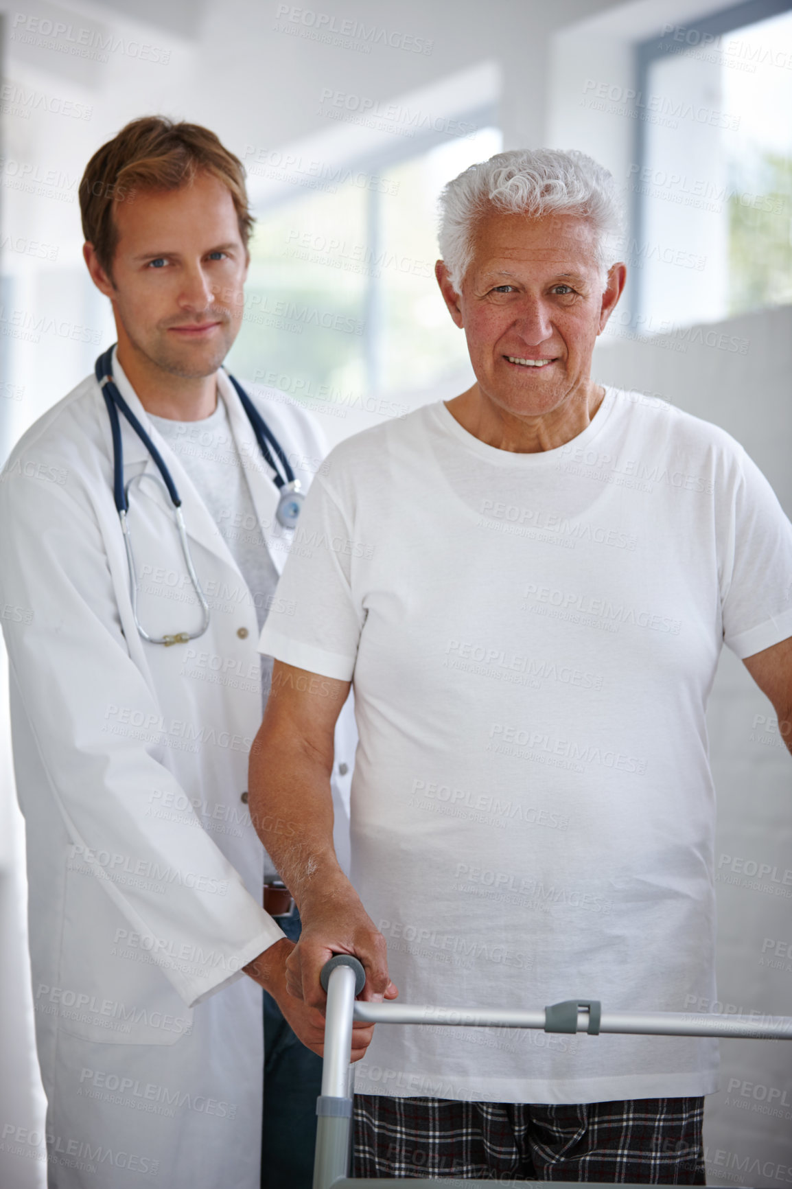 Buy stock photo Doctor, walker and portrait of senior man for support, medical health or care in home. Patient, walking frame or assist person with disability for retirement, rehabilitation or help to recover in UK