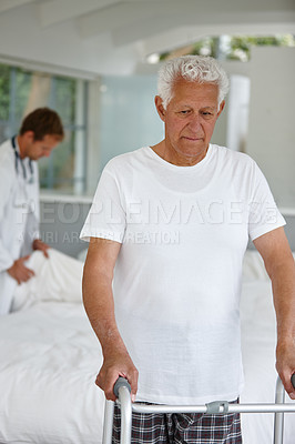 Buy stock photo Elderly man, walking frame and bedroom with doctor at nursing home with mobility, balance and recovery in retirement. Senior person with disability, rehabilitation and steps for healing with injury