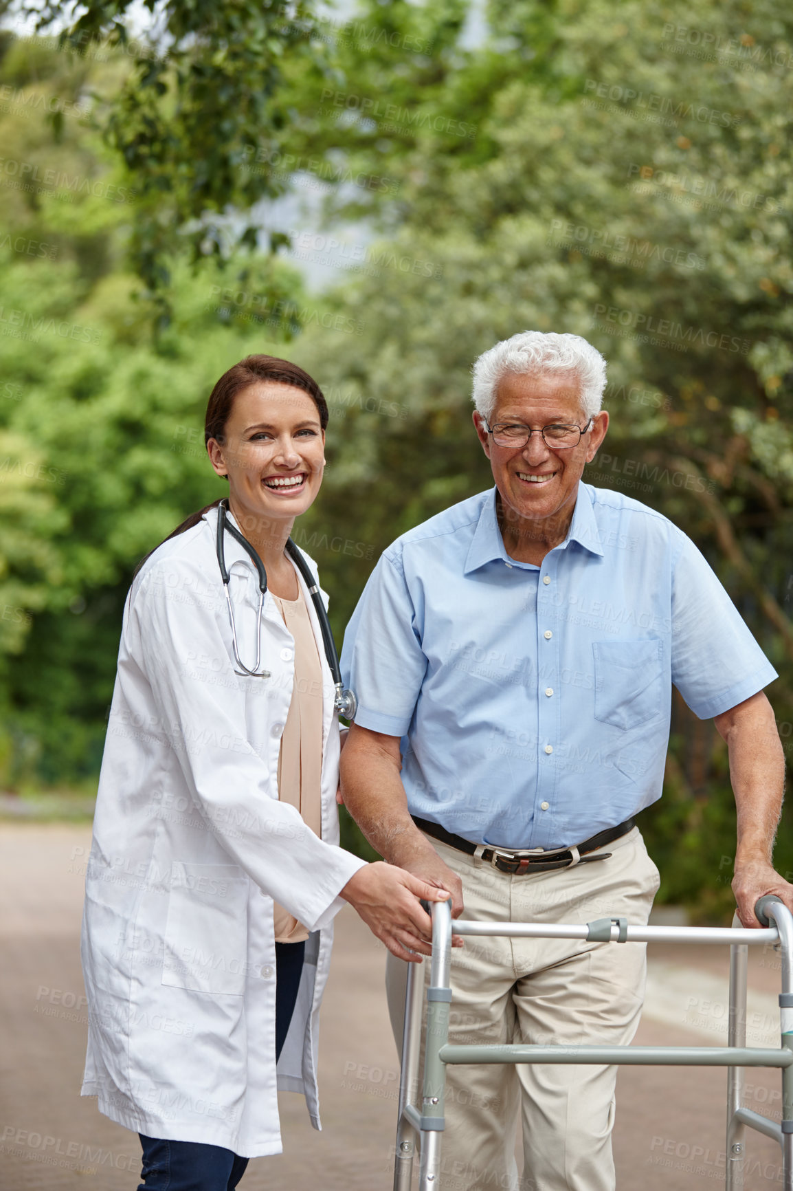 Buy stock photo Portrait, walker or doctor with old man on outdoor road for healthcare support or break in park. Smile, senior patient or happy elderly person with a disability in nature for retirement or wellness