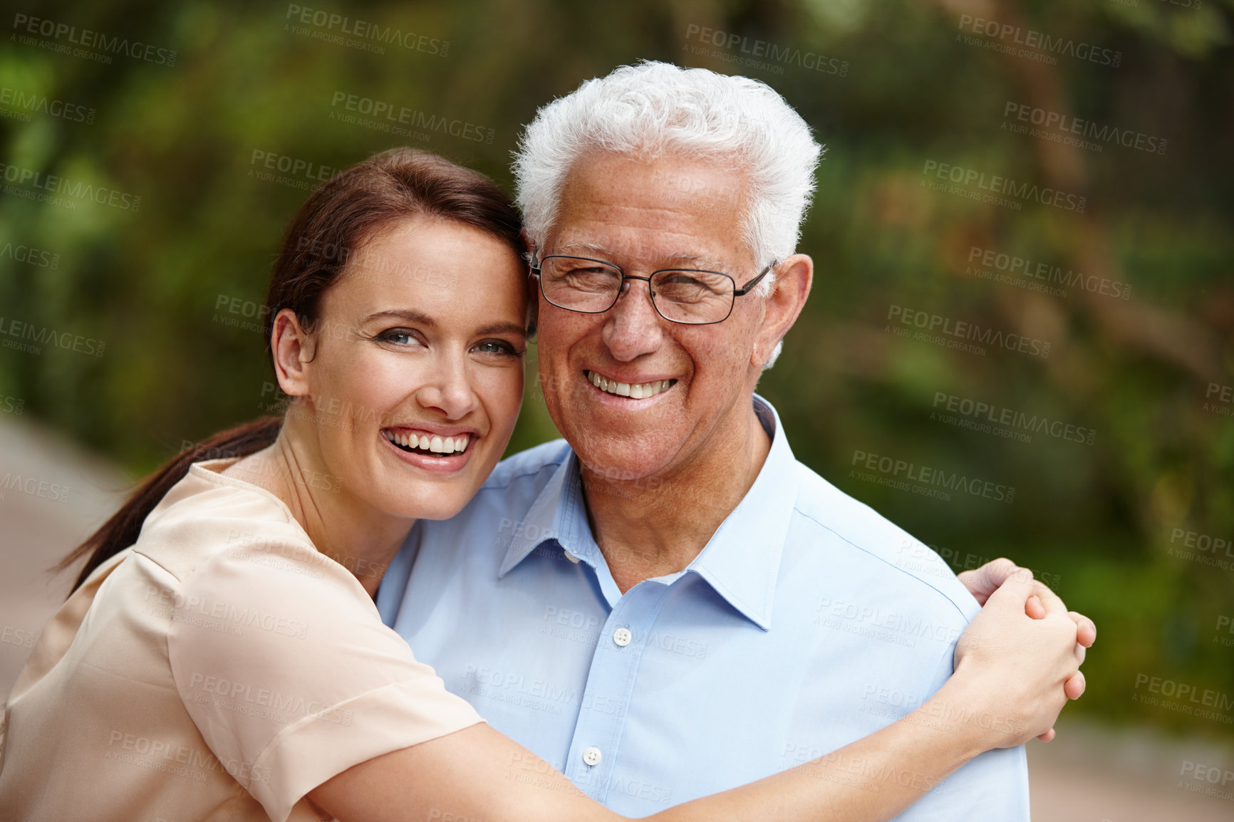 Buy stock photo Outdoor, senior father and daughter with happiness on portrait for bonding, support and care in France. Garden, family and hug parent with woman on visit at nursing home for wellness or retirement