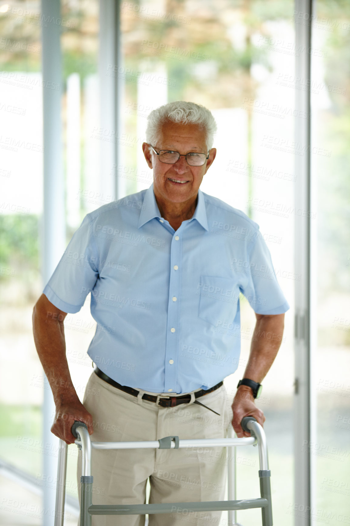 Buy stock photo Walking frame, happy and portrait of senior man in home with support, recovery and help for balance. Retirement, health and mature person with disability and walker for mobility, movement or wellness