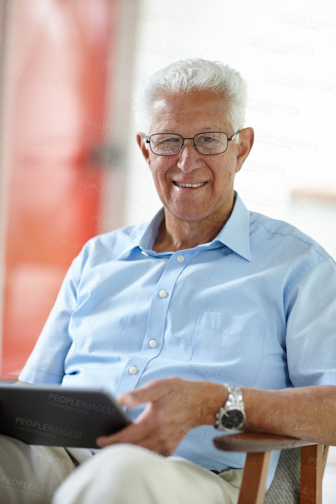 Buy stock photo Elderly man, tablet and portrait in home with ebook, online banking or memory app. Senior person, tech or smile in living room with connectivity, retirement research or booking appointment on website