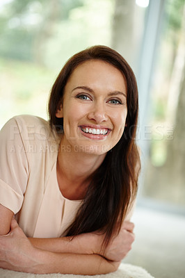 Buy stock photo Portrait of a beautiful woman relaxing at home