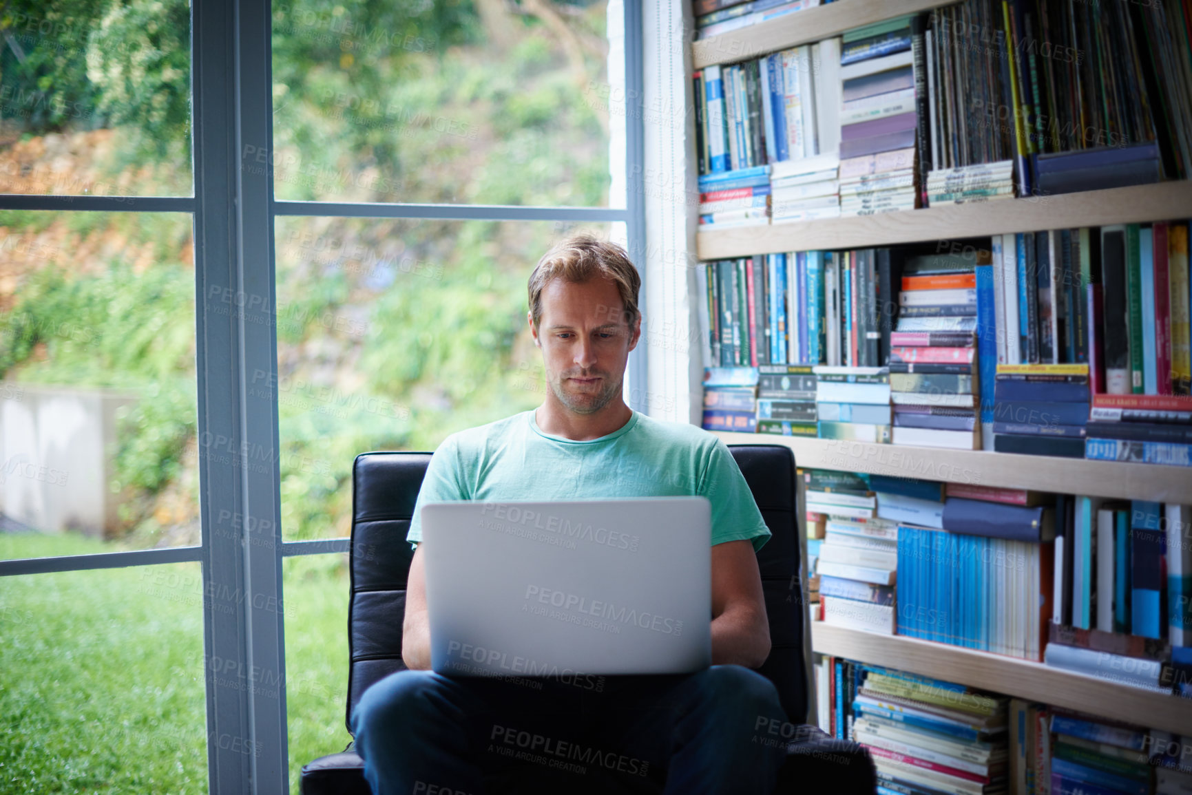 Buy stock photo Remote work, businessman and reading with laptop for typing, self employed and story angle at home. Freelancer, male journalist and online publication with digital for research, editing and article