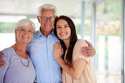 Buy stock photo Portrait of a beautiful woman spending time with her senior parents