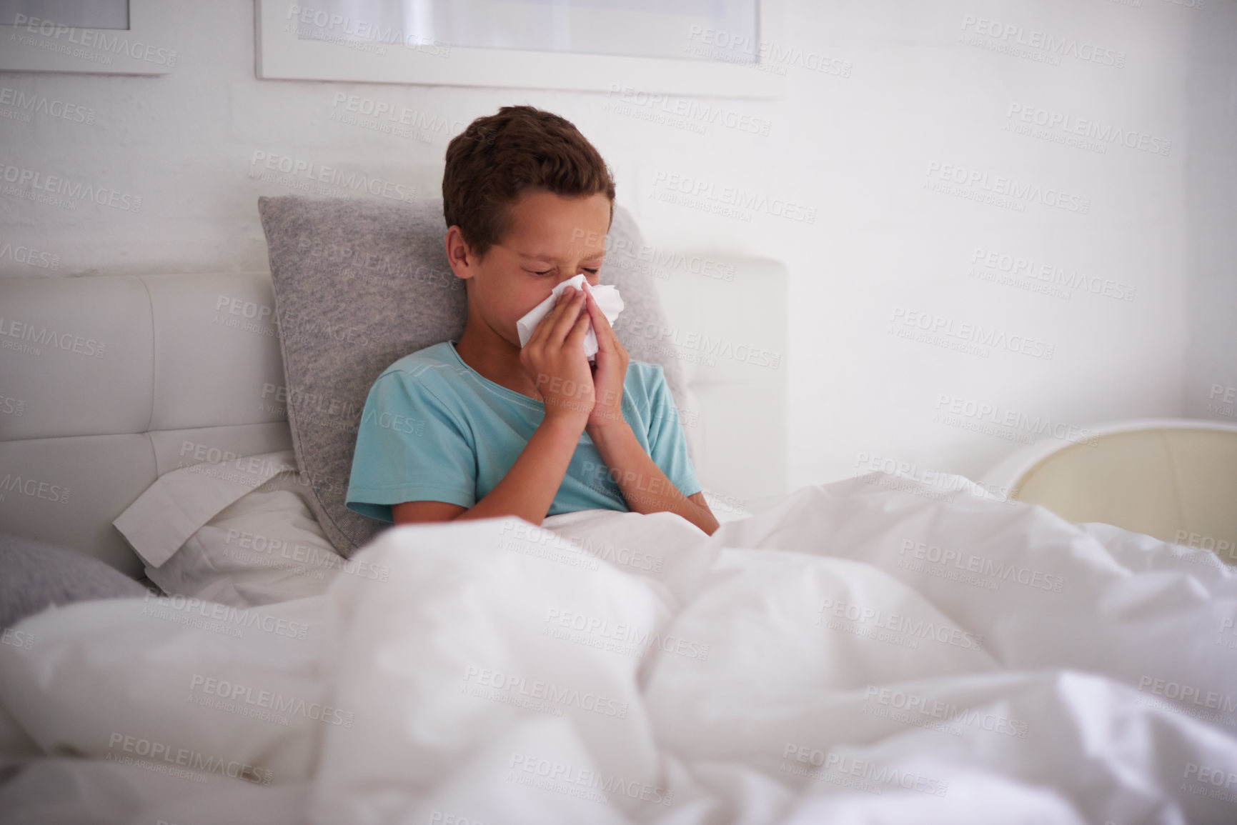 Buy stock photo A sick little boy at home