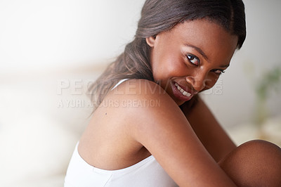 Buy stock photo Home, black woman and portrait with smile in bedroom for wake up, relax and comfortable in morning. Person, face and happy on bed in house with resting, break and holiday with wellness and confidence