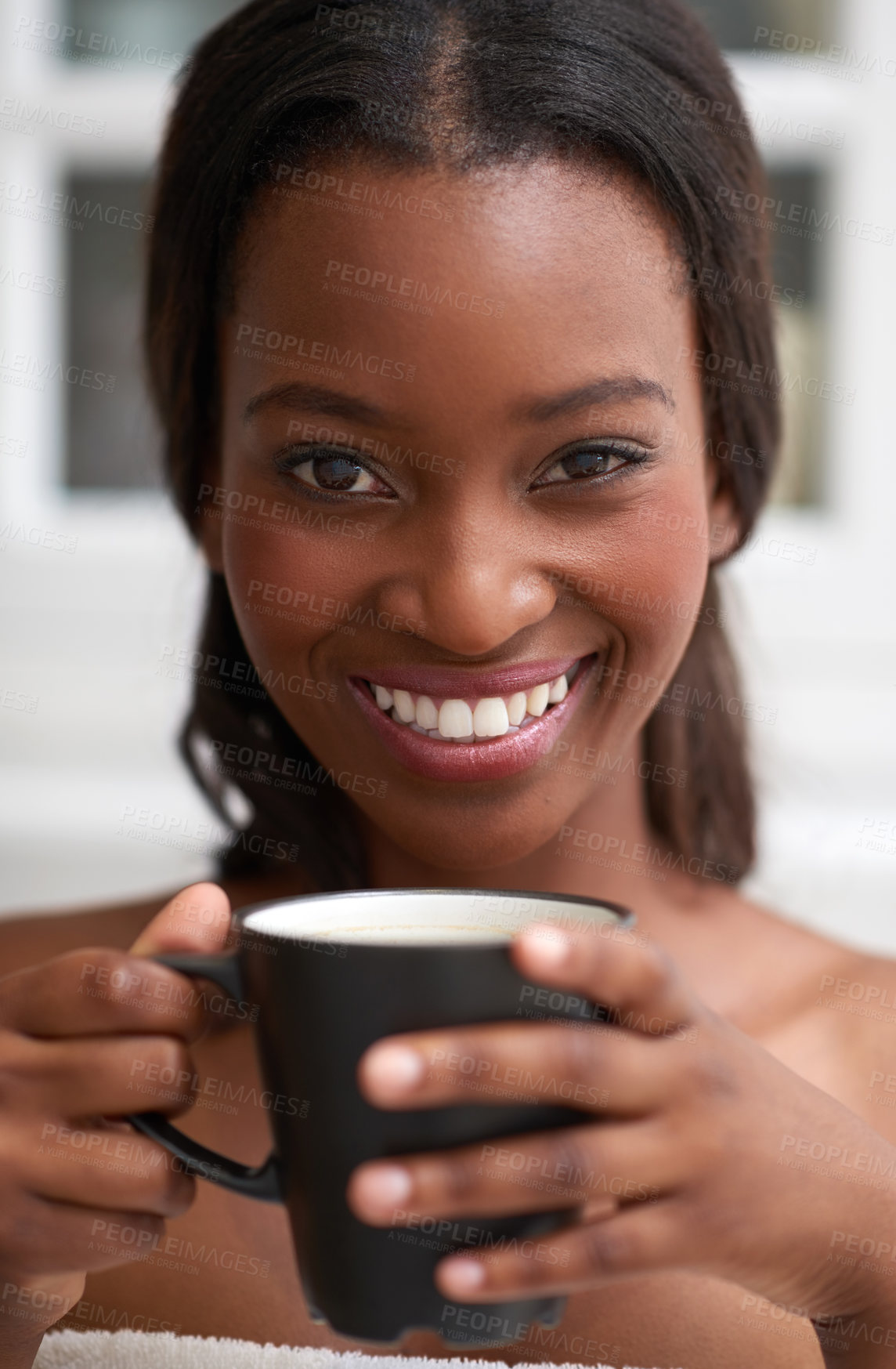 Buy stock photo Portrait, smile and black woman with coffee in bedroom for weekend comfort, morning routine and wellness. Happy, African person and drink beverage for break, calm breakfast and caffeine at house