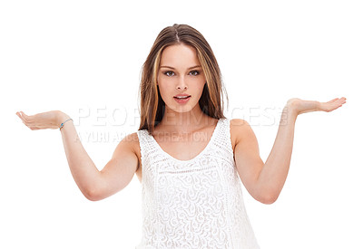 Buy stock photo Confused, decision and portrait of a woman with arms up isolated on a white background in a studio. Choose, question and girl with a gesture for a choice, showing and indecisive on a backdrop