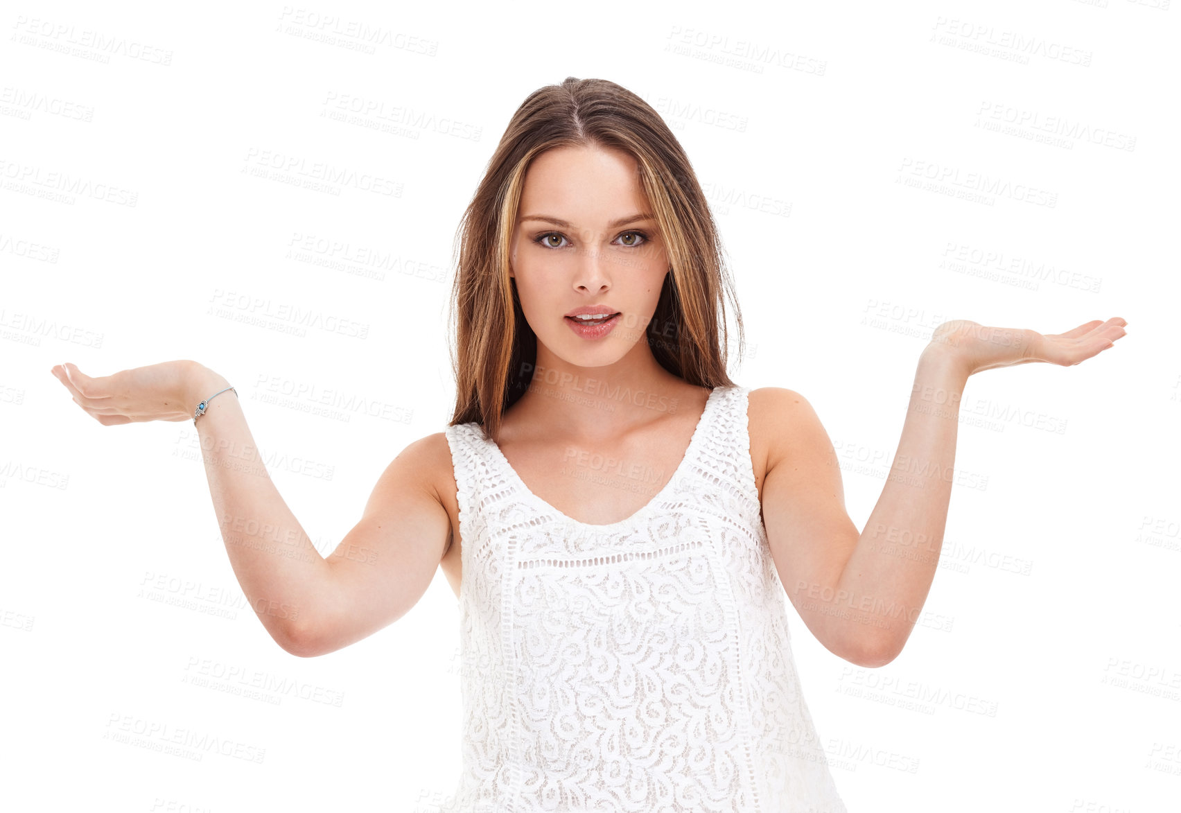 Buy stock photo Confused, decision and portrait of a woman with arms up isolated on a white background in a studio. Choose, question and girl with a gesture for a choice, showing and indecisive on a backdrop