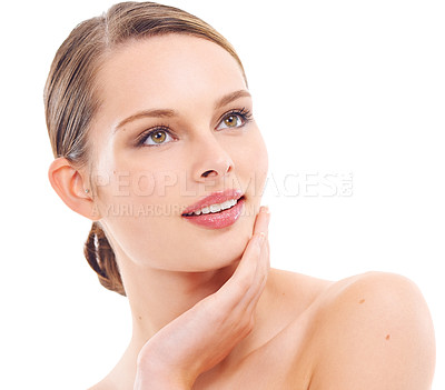 Buy stock photo Happy woman, face or beauty skincare and makeup cosmetics, dermatology self love or healthcare wellness routine. Zoom, model or hand on facial glow, healthy collagen or hairstyle on white background