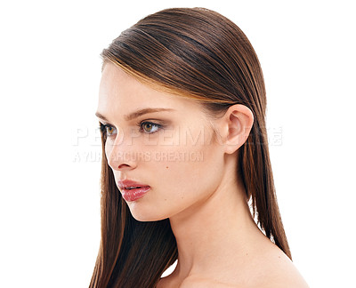 Buy stock photo Woman skincare, face or brunette hairstyle and makeup cosmetics, keratin treatment or healthcare wellness. Zoom, beauty model or brown hair color, facial glow or hair care growth on white background