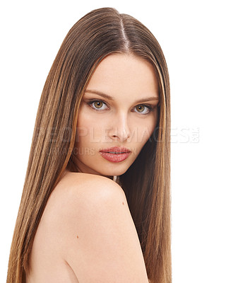 Buy stock photo Brunette beauty model, portrait or skincare with makeup cosmetics, keratin treatment or isolated self care. Woman, face and brown color in hair care growth, collagen glow or white background mock up