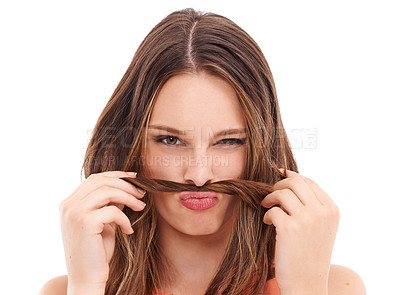 Buy stock photo Woman, funny hair moustache portrait with natural youth beauty model in studio. White background, isolated and model with healthy hairstyle and crazy comic, silly and young face with comedy and joke