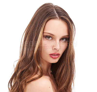 Buy stock photo Hair care, beauty and portrait of a woman model in studio with keratin, cosmetic or botox hair treatment. Beauty, health and girl with natural, wavy and clean hair style isolated by white background.
