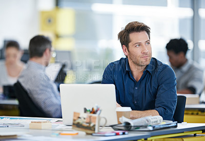 Buy stock photo Thinking, business man and laptop in office for research, online inspiration and ideas for website creation. Career, male person or graphic designer with computer for solution, thoughts and coworking