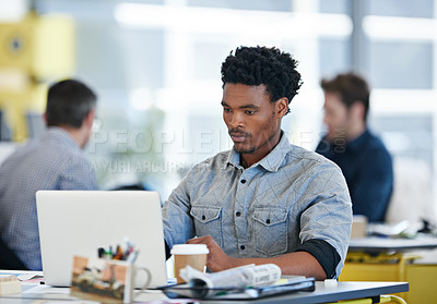 Buy stock photo Coworking, businessman and laptop in office for research, online inspiration and ideas for website creation. Career, male person or graphic designer with computer for solution, typing and reading