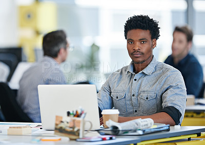 Buy stock photo Portrait, businessman and laptop in office for coworking, online inspiration and ideas for website creation. Career, male person or graphic designer with computer for solution, research and serious