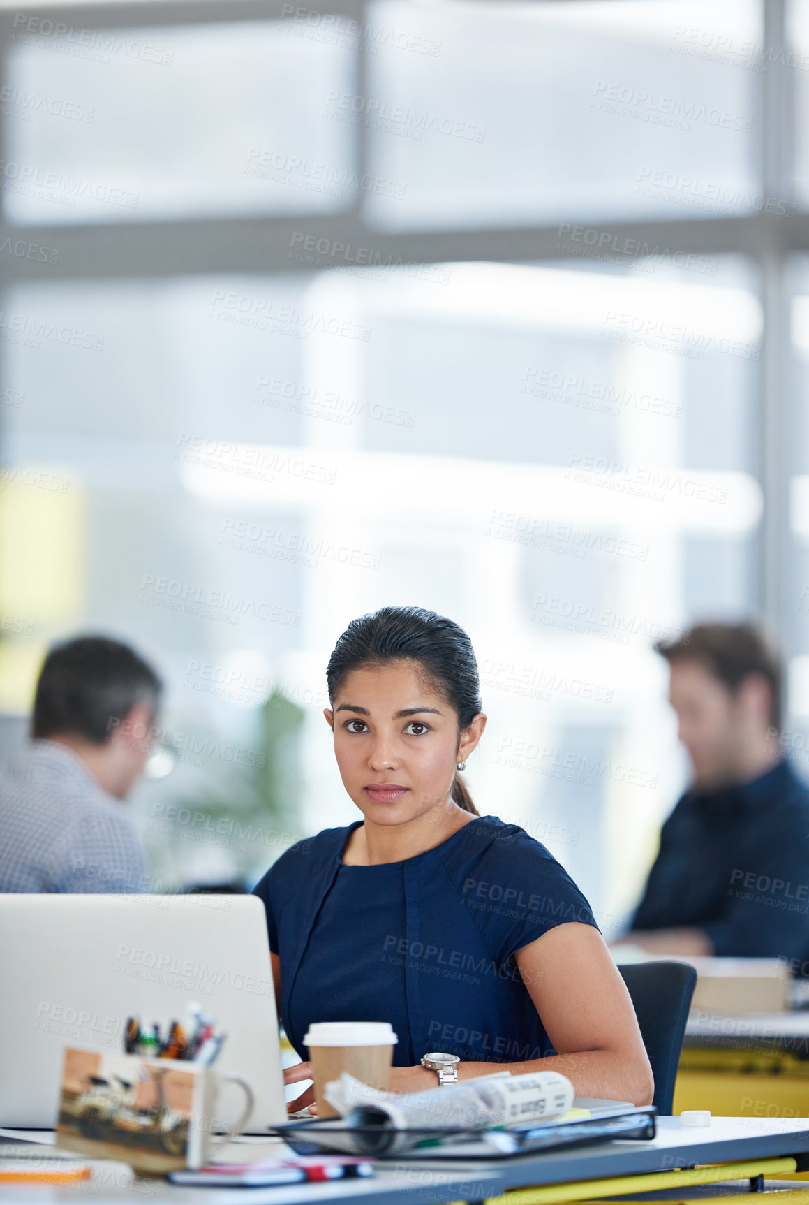 Buy stock photo Business woman, laptop and portrait as accountant, professional and administration in financial firm. Female person, corporate and technology for workload, deadline and concentration at office desk