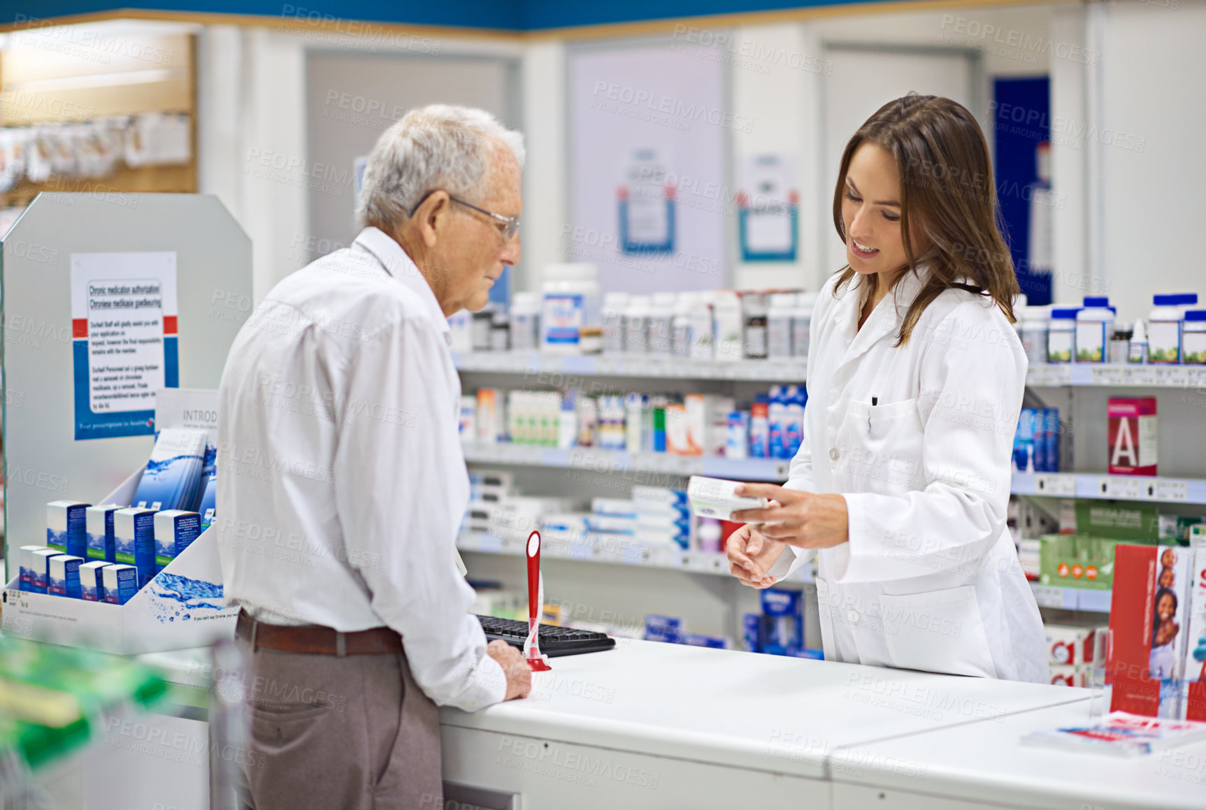 Buy stock photo Woman, pharmacist and senior man with box for consultation, medicine prescription and healthcare advice. Medical, customer and discussion for product instructions, pharmaceutical opinion and pharmacy