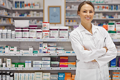 Buy stock photo Woman, confident and arms crossed as pharmacist at drug store with pride for customer service. Female person, portrait and happy or satisfied at pharmacy for medication and prescription with smile