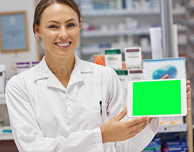 Buy stock photo Woman, happy and green screen on  tablet  as pharmacist at drug store with marketing for customer service. Mockup space, portrait and smile with confidence at pharmacy for medication instruction