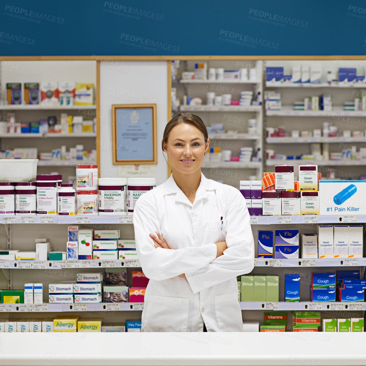 Buy stock photo Pharmacy, arms crossed and portrait of woman at counter in drugstore for customer service, advice and medicine. Prescription drugs, pharmacist and confidence for pills, medication or chemist checkout