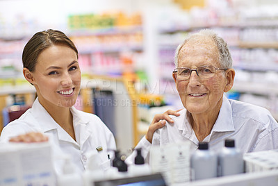 Buy stock photo Portrait, pharmacist and senior patient in pharmacy for help, assistance and healthcare. Elderly care, specialist and support in chemist for medication, prescription and smile for customer experience