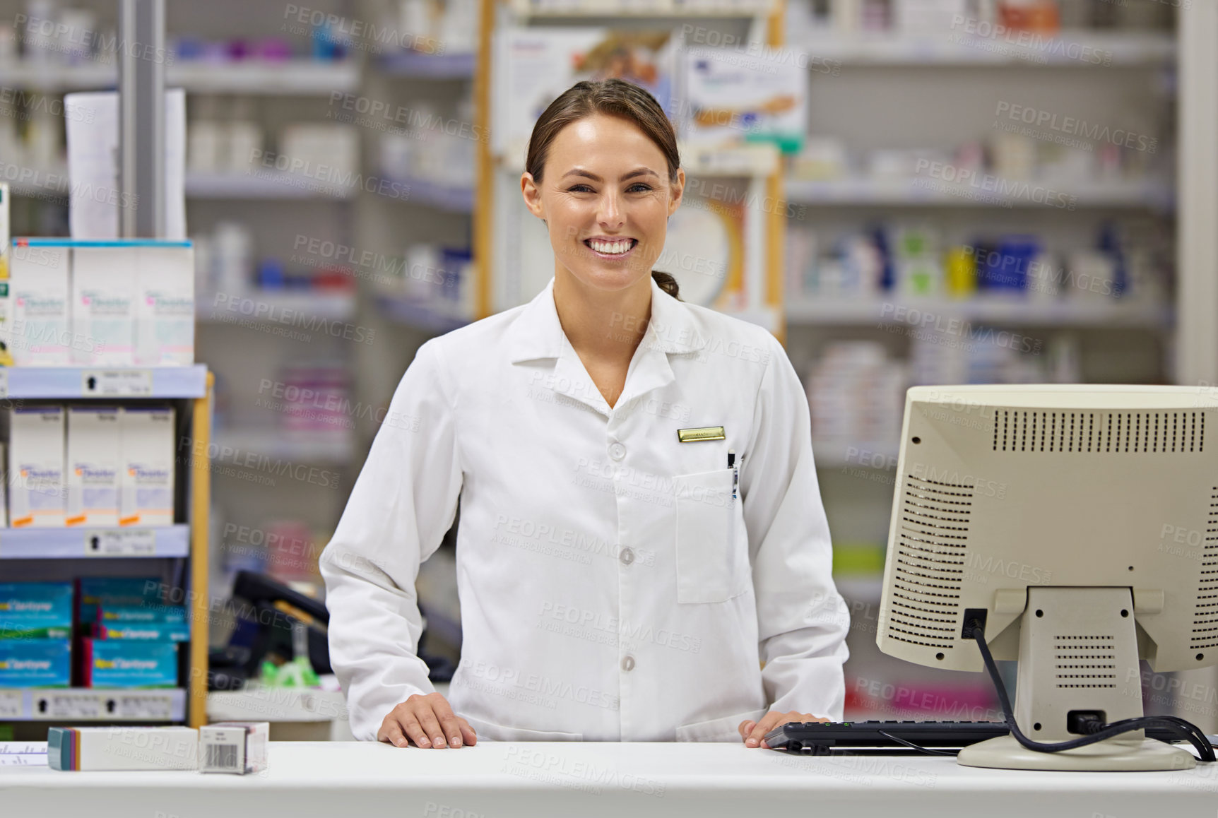 Buy stock photo Pharmacy, computer and portrait with woman at counter in drugstore for customer service, advice and medicine. Prescription drugs, pharmacist and inventory for pills, medication and chemist checkout