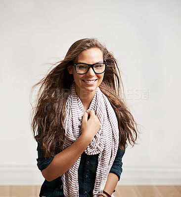 Buy stock photo Portrait, happy and woman in glasses in home, house or apartment wall for fashion. Face, eyewear and smile of girl, model or attractive person in stylish scarf, cool clothes and mockup in Switzerland