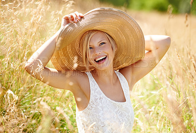 Buy stock photo Woman, portrait or hat in wheat field or sunshine summer relax, smile on farm. Female person, grass straw or meadow nature or fresh clean air outside countryside or plants park, weekend rest or rural