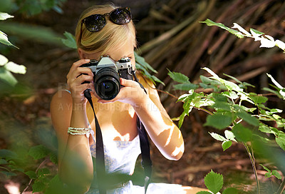 Buy stock photo Shooting, photographer and travel with woman in forest for trees, environment and relax. Park, camera lens and photography with face of female person in woods for nature, tourism and summer