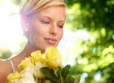Buy stock photo Sunshine, thinking and woman in garden with flowers for holiday in spring on outdoor picnic. Smile, freedom and face of girl in park with happiness, rose bouquet and vacation in countryside to relax.
